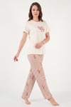 Pamuklu Regular Fit Desenli Bisiklet Yaka Kadın Pijama Takımı 65790784 EKRU-KAHVE