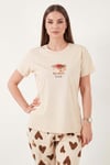 Pamuklu Regular Fit Desenli Bisiklet Yaka Kadın Pijama Takımı 65790784 KAHVE