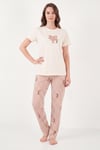 Pamuklu Regular Fit Desenli Bisiklet Yaka Kadın Pijama Takımı 65790784 EKRU-KAHVE