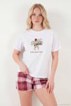 Pamuklu Regular Fit Desenli Şortlu Kadın Pijama Takımı 65790782 BEYAZ-BORDO