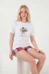 Pamuklu Regular Fit Desenli Şortlu Kadın Pijama Takımı 65790782 BEYAZ-BORDO