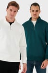 Pamuklu Regular Fit Dik Yaka 2'li Paket Erkek Sweat 59052592S2 Ekru-Petrol