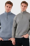 Pamuklu Regular Fit Dik Yaka 2'li Paket Erkek Sweat 59052592S2 Açık Haki-Koyu Gri