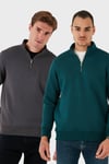 Pamuklu Regular Fit Dik Yaka 2'li Paket Erkek Sweat 59052592S2 Antrasit-Petrol