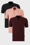 Pamuklu Regular Fit Düğmeli Polo Yaka 3'lü Paket Erkek T Shirt 5902127S3 Siyah-Vişne-Pudra