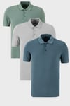 Pamuklu Regular Fit Düğmeli Polo Yaka 3'lü Paket Erkek T Shirt 5902127S3 Elma Yeşili-Kül-Petrol