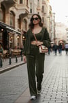 Pamuklu Regular Fit Kapüşonlu Kadife Dokulu 3'lü Kadın Takım 6830097 HAKİ
