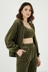 Pamuklu Regular Fit Kapüşonlu Kadife Dokulu 3'lü Kadın Takım 6830097 HAKİ