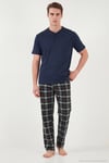 Pamuklu Regular Fit Kareli Kısa Kollu Erkek Pijama Takımı 6096860 LACİVERT-YEŞİL