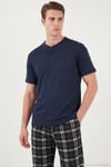 Pamuklu Regular Fit Kareli Kısa Kollu Erkek Pijama Takımı 6096860 LACİVERT-YEŞİL