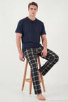 Pamuklu Regular Fit Kareli Kısa Kollu Erkek Pijama Takımı 6096860 LACİVERT-YEŞİL