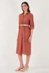 Pamuklu Regular Fit Kemerli Midi Boy Gömlek Kadın Elbise 67810301 CAMEL
