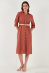 Pamuklu Regular Fit Kemerli Midi Boy Gömlek Kadın Elbise 67810301 CAMEL