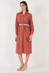 Pamuklu Regular Fit Kemerli Midi Boy Gömlek Kadın Elbise 67810301 CAMEL