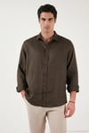Pamuklu Regular Fit Klasik Yaka Uzun Kollu % 100 Keten Erkek Gömlek CF26S1210000 KAHVE