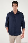 Pamuklu Regular Fit Klasik Yaka Uzun Kollu % 100 Keten Erkek Gömlek CF26S1210000 LACİVERT