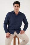 Pamuklu Regular Fit Klasik Yaka Uzun Kollu % 100 Keten Erkek Gömlek CF26S1210000 LACİVERT