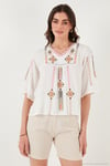 Pamuklu Regular Fit Nakış İşlemeli Kadın Bluz 611BZ0247 EKRU-FUŞYA
