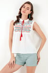 Pamuklu Regular Fit Nakış İşlemeli Kadın Bluz 611BZ0249 EKRU