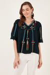 Pamuklu Regular Fit Nakış İşlemeli Kadın Bluz 611BZ0247 LACİVERT