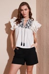 Pamuklu Regular Fit Nakış İşlemeli Kadın Bluz 611BZ0253 EKRU-SİYAH