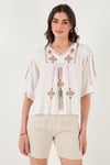 Pamuklu Regular Fit Nakış İşlemeli Kadın Bluz 611BZ0247 EKRU-FUŞYA