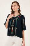 Pamuklu Regular Fit Nakış İşlemeli Kadın Bluz 611BZ0247 LACİVERT