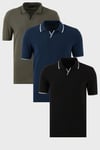 Pamuklu Regular Fit Şerit Detaylı 3'lü Paket Erkek Polo Yaka T Shirt 5902964S3 Haki-Siyah-İndigo