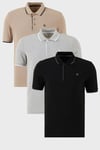 Pamuklu Regular Fit Şerit Detaylı Düğmeli Polo Yaka 3'lü Paket Erkek T Shirt 5902118S3 Siyah-Gri Melanj-Vizon