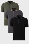 Pamuklu Regular Fit Şerit Detaylı Düğmeli Polo Yaka 3'lü Paket Erkek T Shirt 5902118S3 Siyah-Haki-Antrasit