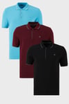 Pamuklu Regular Fit Şerit Detaylı Düğmeli Polo Yaka 3'lü Paket Erkek T Shirt 5902118S3 Siyah-Vişne-Aqua Mavi