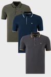 Pamuklu Regular Fit Şerit Detaylı Düğmeli Polo Yaka 3'lü Paket Erkek T Shirt 5902118S3 Antrasit-Haki-İndigo