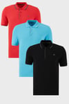 Pamuklu Regular Fit Şerit Detaylı Düğmeli Polo Yaka 3'lü Paket Erkek T Shirt 5902118S3 Siyah-Kırmızı-Aqua Mavi