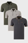 Pamuklu Regular Fit Şerit Detaylı Düğmeli Polo Yaka 3'lü Paket Erkek T Shirt 5902118S3 Antrasit-Haki-Taş