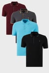 Pamuklu Regular Fit Şerit Detaylı Düğmeli Polo Yaka 4'lü Paket Erkek T Shirt 5902118S4 Siyah-Vişne-Antrasit-Aquamavi
