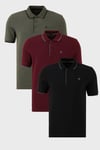 Pamuklu Regular Fit Şerit Detaylı Düğmeli Polo Yaka 3'lü Paket Erkek T Shirt 5902118S3 Siyah-Vişne Haki