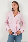 Pamuklu Regular Fit Uzun Kollu Bağlama Detaylı Kadın Gömlek 65200538 PEMBE