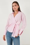 Pamuklu Regular Fit Uzun Kollu Bağlama Detaylı Kadın Gömlek 65200538 PEMBE