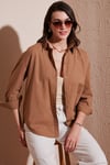 Pamuklu Regular Fit Uzun Kollu Düz Kadın Gömlek CF25S168305 CAMEL