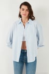 Pamuklu Regular Fit Uzun Kollu Düz Kadın Gömlek CF25S168305 MAVİ
