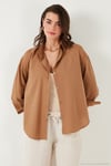 Pamuklu Regular Fit Uzun Kollu Düz Kadın Gömlek CF25S168305 CAMEL