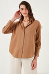 Pamuklu Regular Fit Uzun Kollu Düz Kadın Gömlek CF25S168305 CAMEL