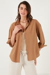 Pamuklu Regular Fit Uzun Kollu Düz Kadın Gömlek CF25S168305 CAMEL