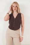 Pamuklu Regular Fit V Yaka Düğme Detaylı Yazlık Bluz Kadın Yelek 5866661 KAHVE