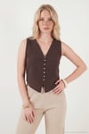 Pamuklu Regular Fit V Yaka Düğme Detaylı Yazlık Bluz Kadın Yelek 5866661 KAHVE