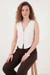 Pamuklu Regular Fit V Yaka Düğme Detaylı Yazlık Bluz Kadın Yelek 5866661 EKRU