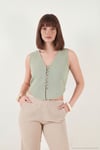 Pamuklu Regular Fit V Yaka Düğme Detaylı Yazlık Bluz Kadın Yelek 5866661 Olive
