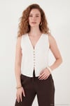 Pamuklu Regular Fit V Yaka Düğme Detaylı Yazlık Bluz Kadın Yelek 5866661 EKRU