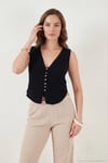Pamuklu Regular Fit V Yaka Düğme Detaylı Yazlık Bluz Kadın Yelek 5866661 SİYAH