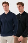 Pamuklu Regular Fit Yarım Fermuarlı 2'li Paket Polo Yaka Erkek Sweat 5905789S2 SİYAH-İNDİGO